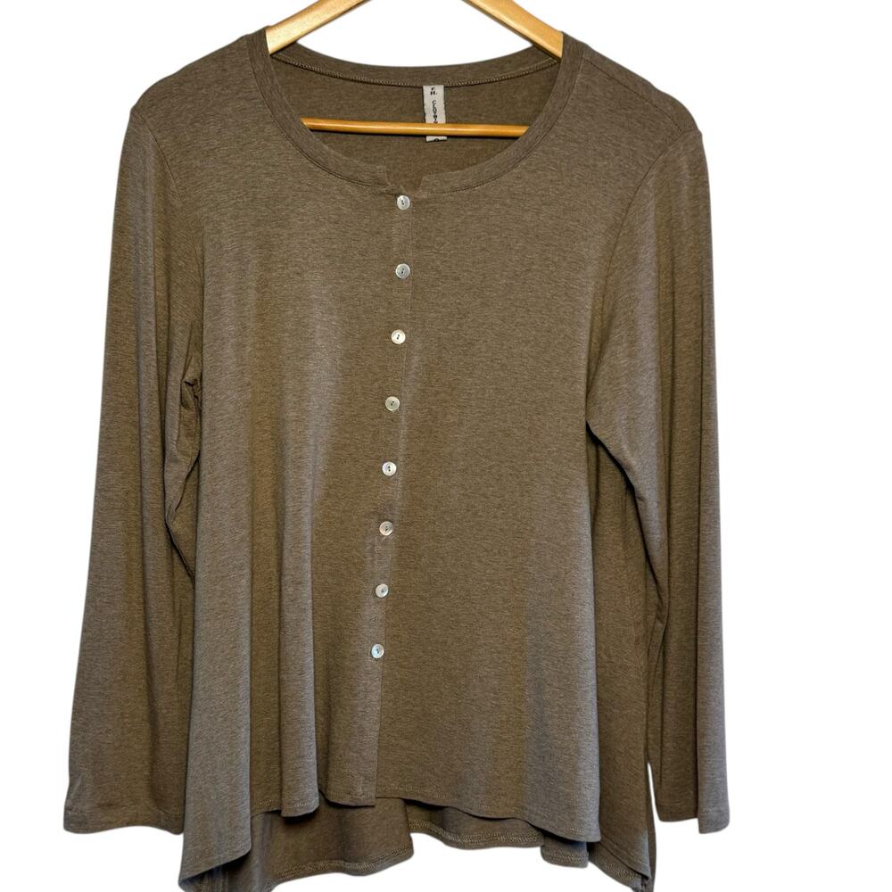F.H. Clothing Made in USA Lagen Look Tan Size Small Button Up Rayon Cardigan